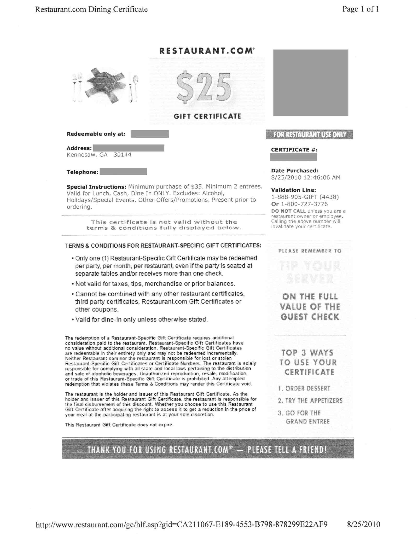 Sample of Restaurant.com Gift Certificate